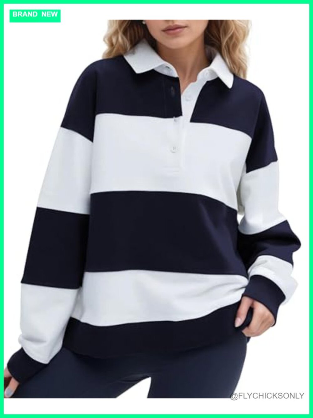 Oversized Striped Polo Sweatshirt Color Block Lapel Collared Pullover